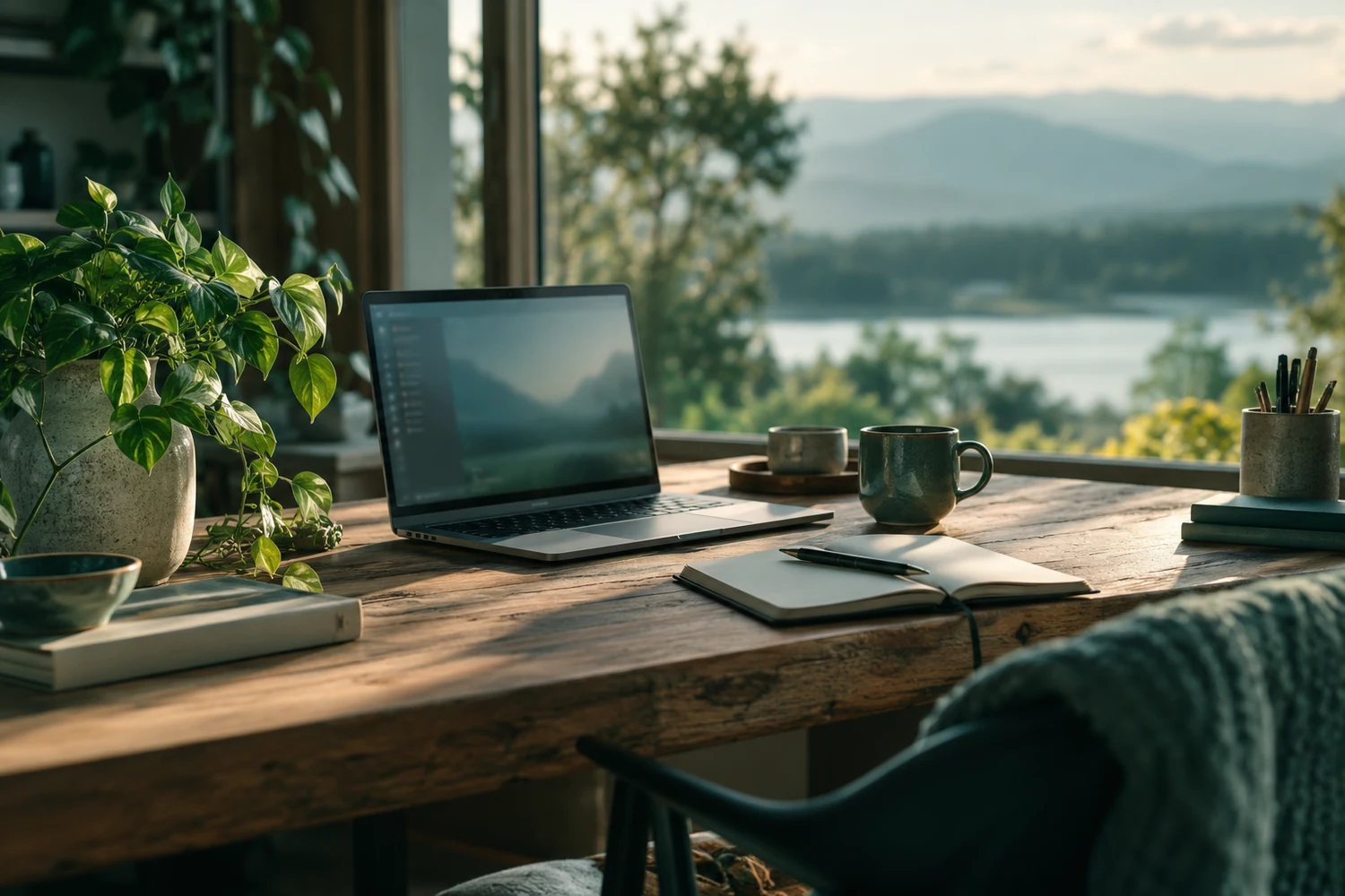 A quiet wooden desk by a large window with a laptop, a notebook, two mugs and a leafy plant, looking out over a lake and hills